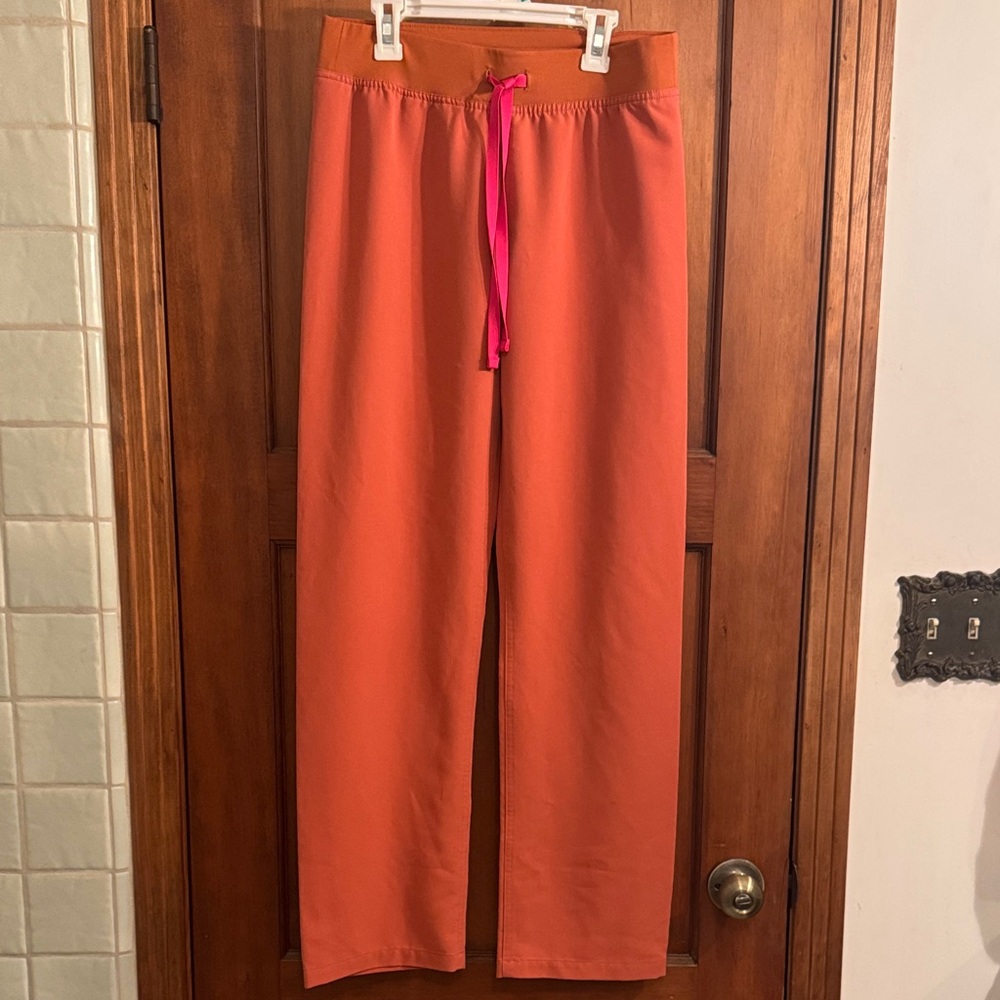 Figs Orange Wide Leg Livingston Scrubs with Pink Drawstring